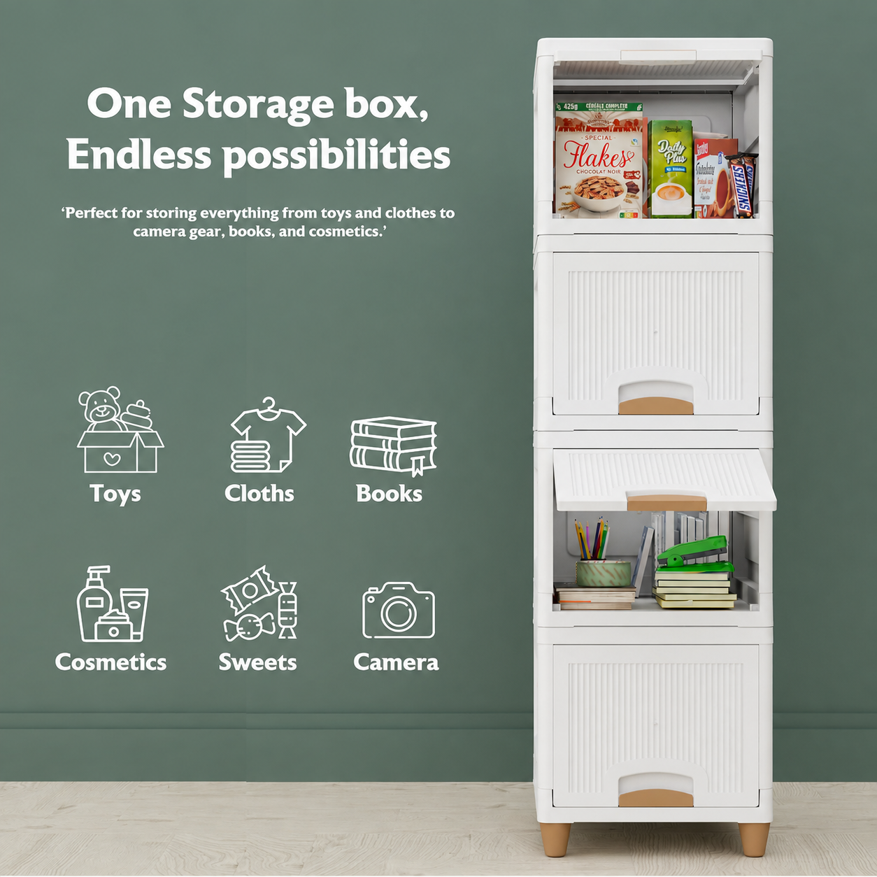 Modular Storage Cabinet – Foldable 4-Layer Organizer for Clothes, Toys & Books | Space-Saving Freestanding Wardrobe | Easy-Assembly Plastic Cupboard | White