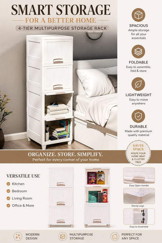 Modular Storage Cabinet – Foldable 4-Layer Organizer for Clothes, Toys & Books | Space-Saving Freestanding Wardrobe | Easy-Assembly Plastic Cupboard | White