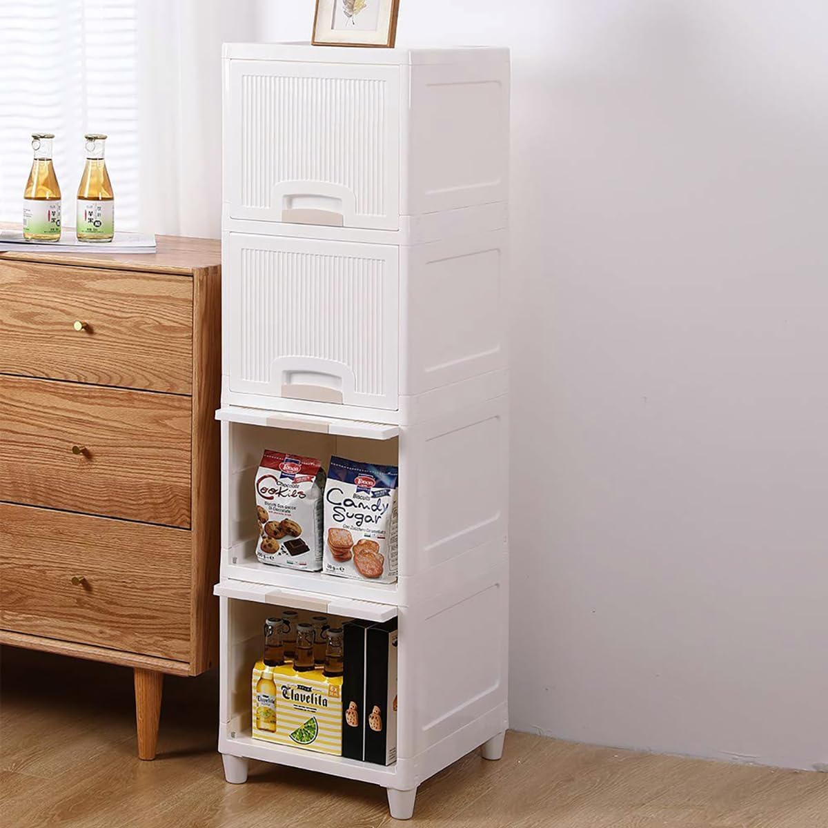 Modular Storage Cabinet – Foldable 4-Layer Organizer for Clothes, Toys & Books | Space-Saving Freestanding Wardrobe | Easy-Assembly Plastic Cupboard | White