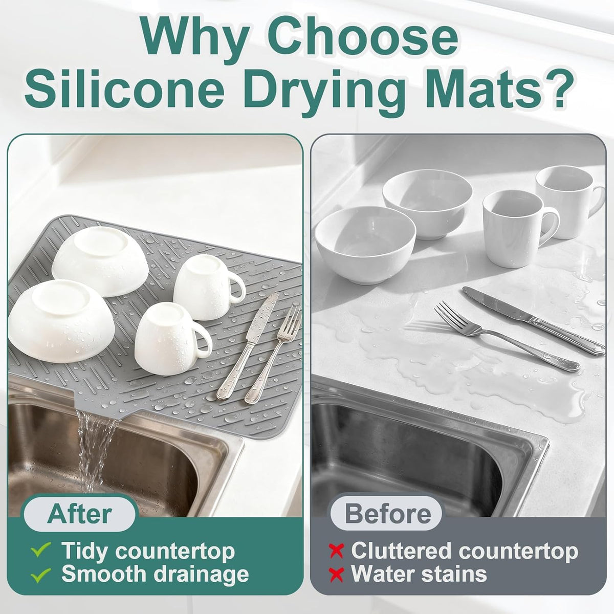Silicone Dish Drying Mat with Drain Lip
