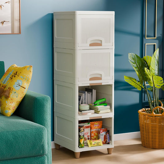 Modular Storage Cabinet – Foldable 4-Layer Organizer for Clothes, Toys & Books | Space-Saving Freestanding Wardrobe | Easy-Assembly Plastic Cupboard | White