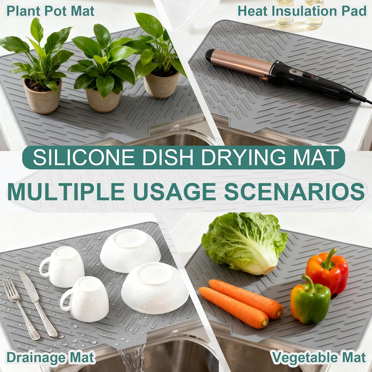 Silicone Dish Drying Mat with Drain Lip