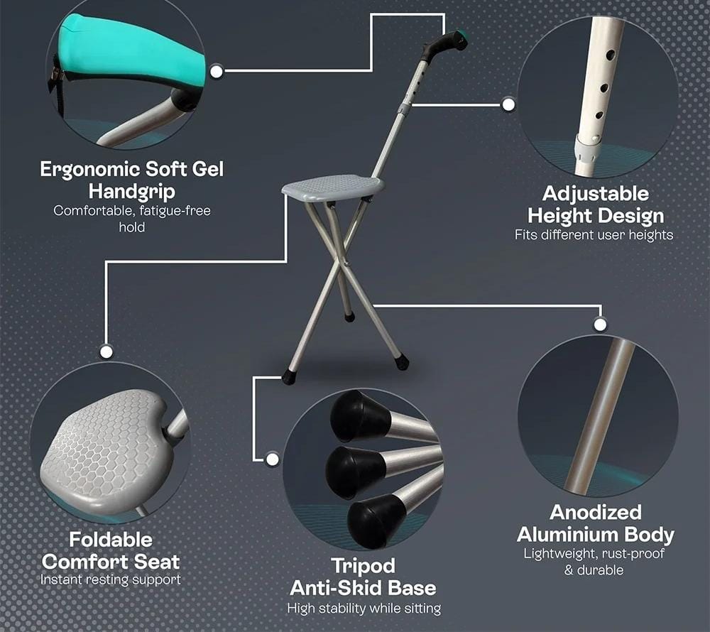 Foldable Walking Stick with Seat – Adjustable Portable Cane Chair