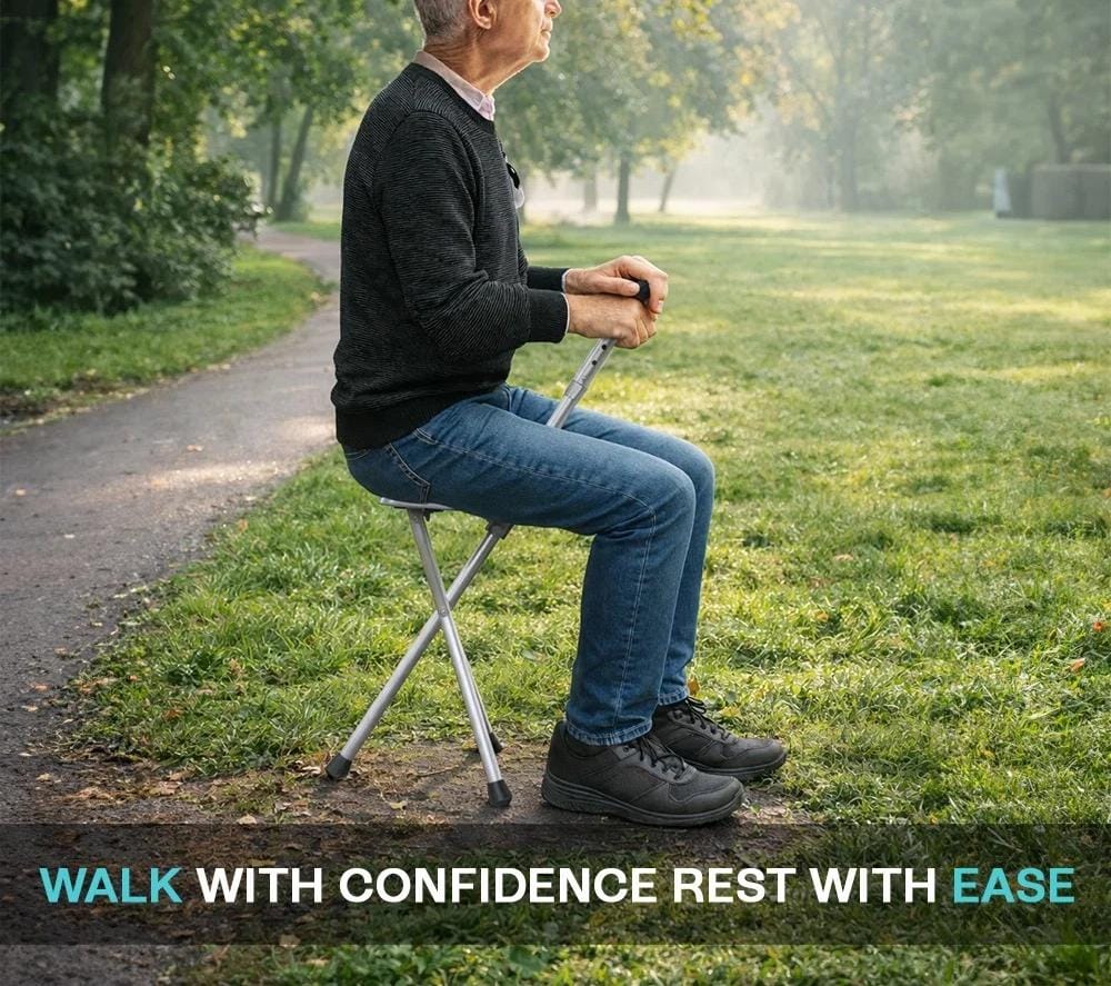 Foldable Walking Stick with Seat – Adjustable Portable Cane Chair